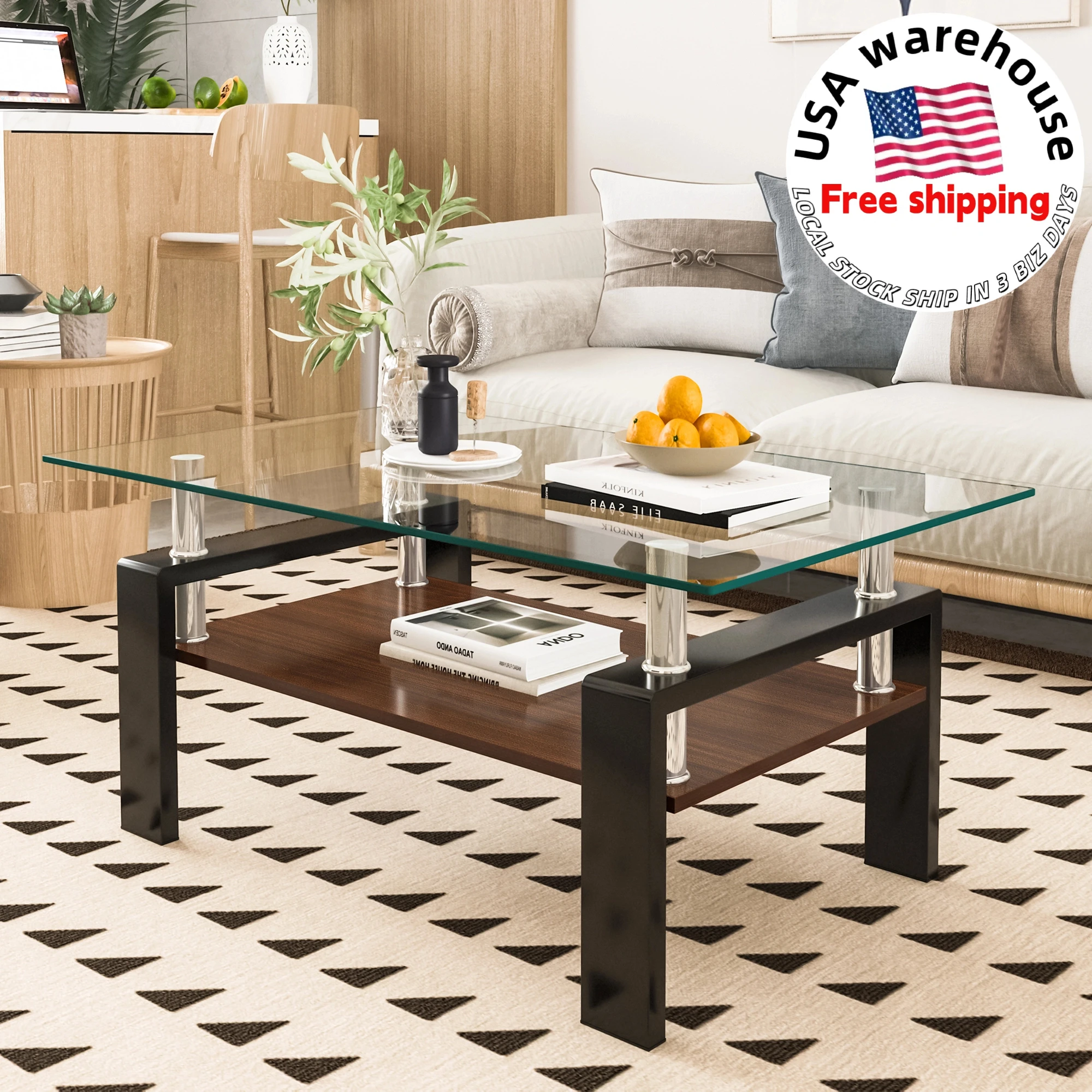 

Rectangle Coffee Table Tempered Glass Tabletop with MDF Layer Metal Leg Modern Table Center Table for Living Room Furniture