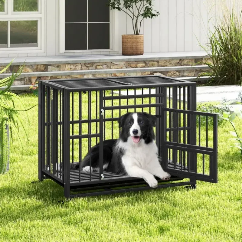 

Foldable Heavy-Duty Metal Dog Cage Chew-proof Dog Crate with Lockable Universal Wheels