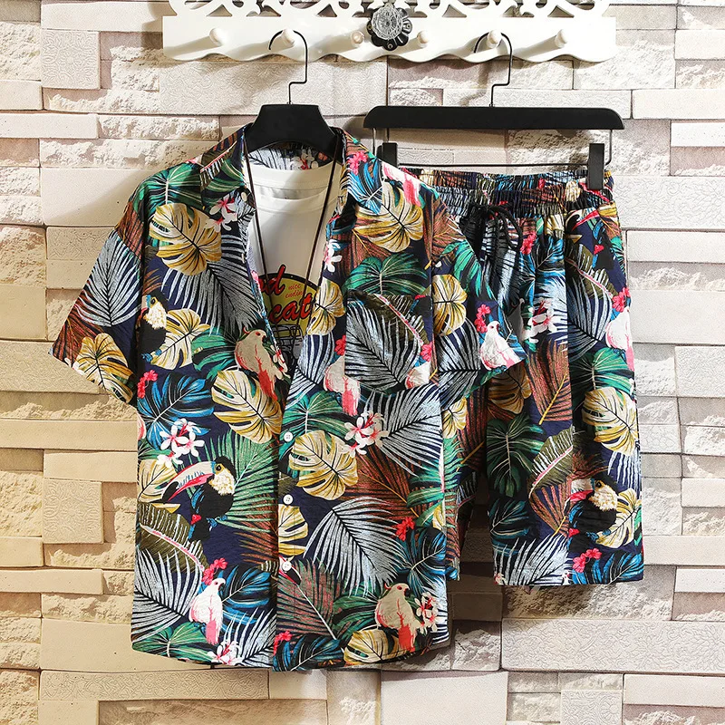 

Summer Korean Floral Printed Shirt Set for Men's Multicolored Loose Shorts Set in Large Size