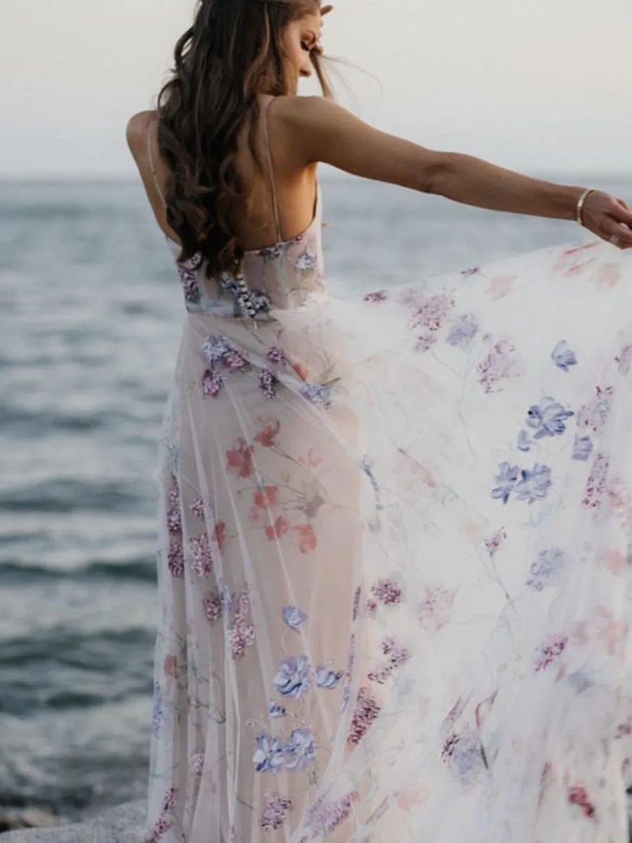 Spaghettibandjes Bohemian Boho Beach Wedding Jurken Print Flower Bridal Jurken Vestidos De Renda