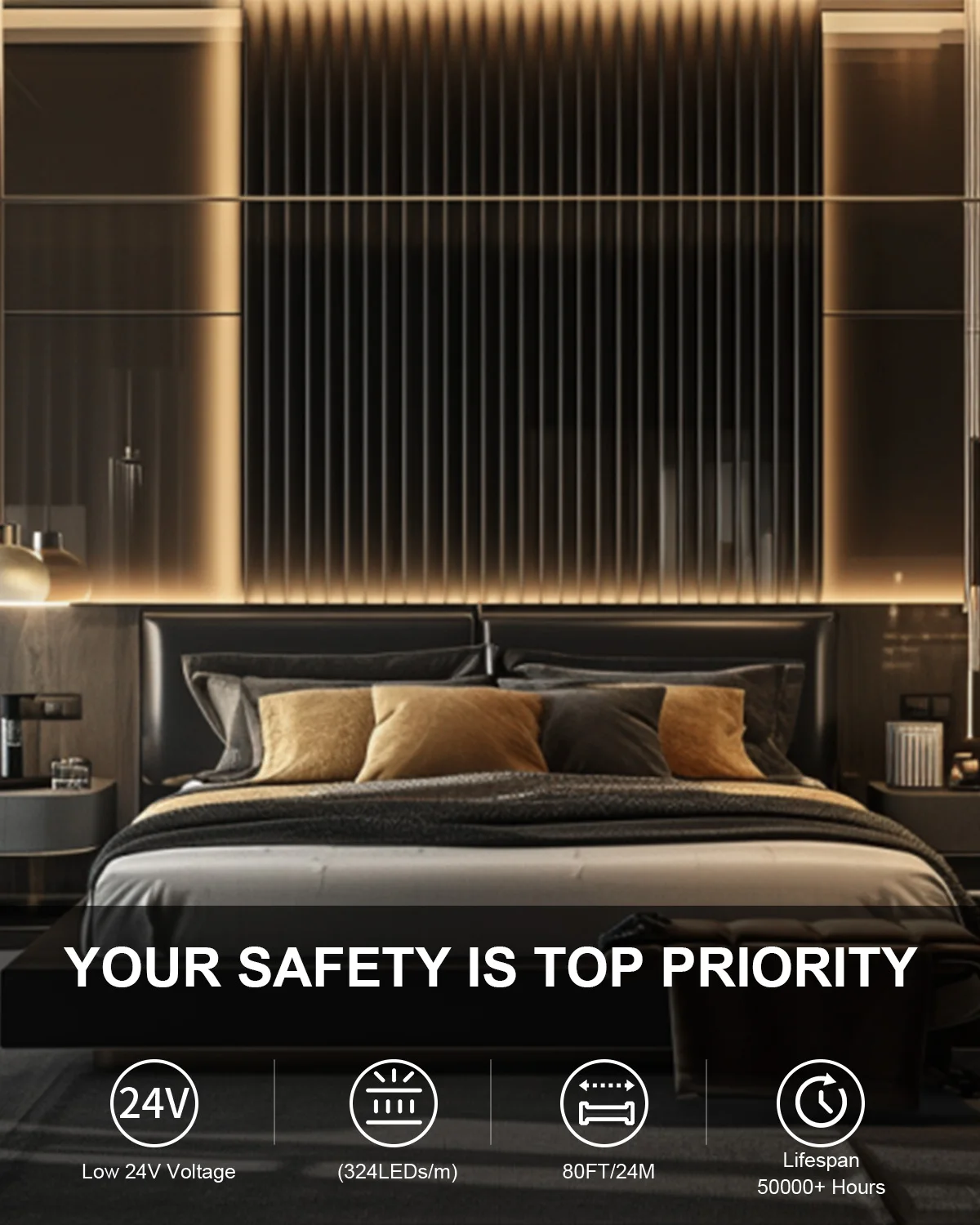 Lampu Strip LED COB 80 Kaki/24M 24V 12M/Roll Putih Hangat Dapat Diredupkan 3000K Lumen Tinggi CRI 90 + dengan Lampu LED Jarak Jauh RF untuk Dapur