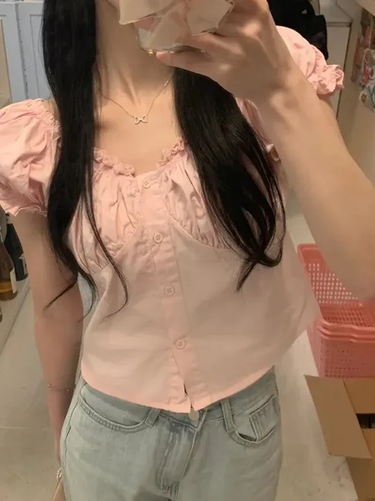 

Корейский женский шифоновый топ Bubble Sve irt ort Sve на одной пуговице, деревянный утягивающий Faion для поездок на работу и ветер