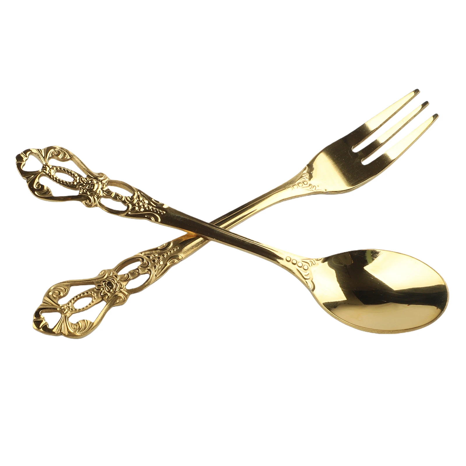 1 Pair Vintage Gold Spoon Fork Cutlery Set Stainless Steel Luxury Dessert Spoon Relief Hollow Craft Kitchen Flatware