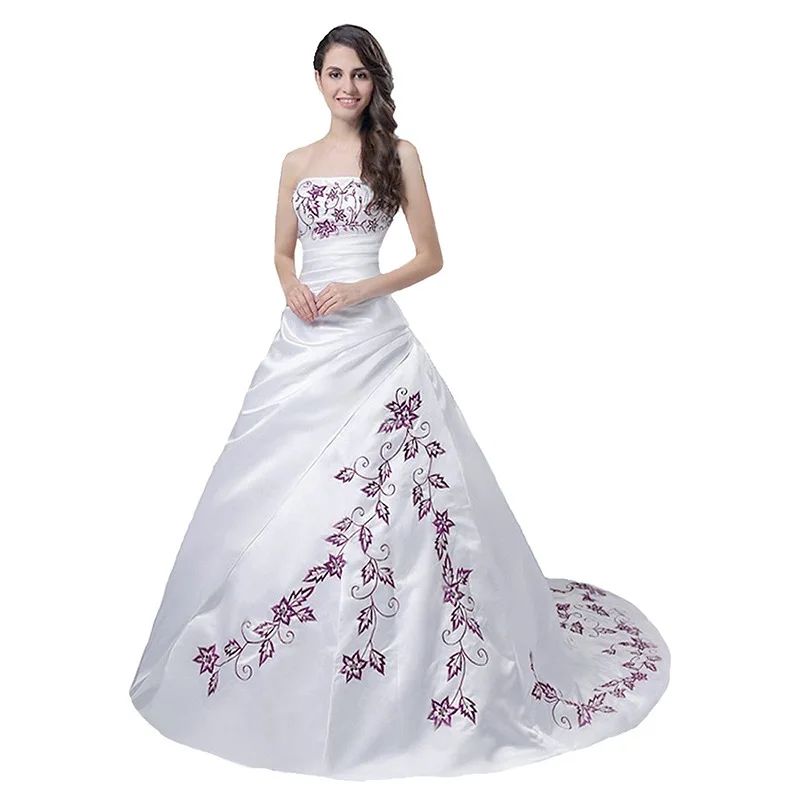 

Vintage Strapless Embroidery Wedding Dress White And Burgundy A Line Bridal Gowns Lace-up Reception Dress Customized