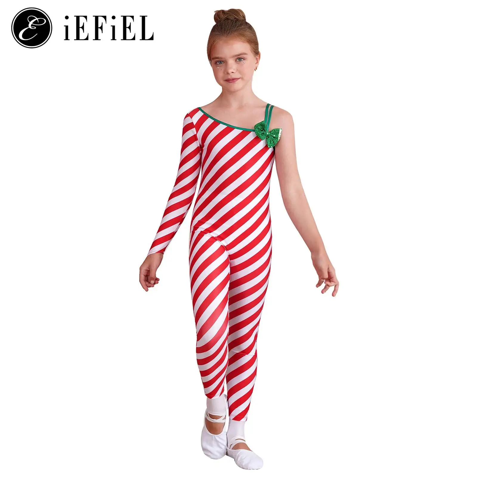 Girls Candy Cane Christmas Dance Bodysuit One Long Sleeve Ballet Unitard Holiday Santa Sweetie Costume  Gymnastics Jumpsuits