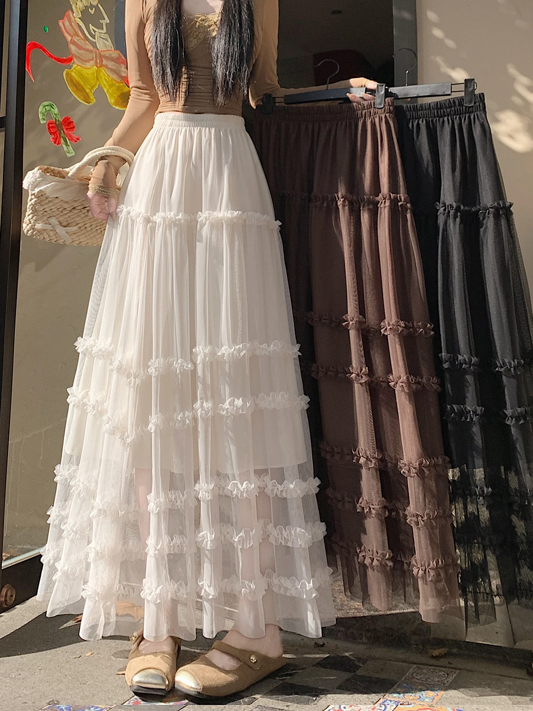 

Юбка А-силуэта с высокой талией и кружевной отделкой, сетчатая, с пышным широким подолом, женская, весна-осень, длинная, в стиле «торт», до колена