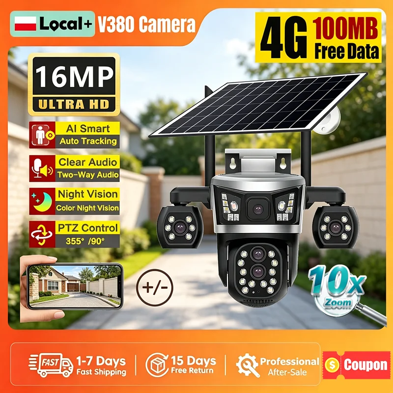 Caméra de sécurité solaire 4G SIM, 16MP, 4 objectifs, 4 écrans, 360° °   Caméra IP sans fil extérieure PTZ, détection PIR, suivi automatique, vision nocturne à double éclairage, CCTV étanche