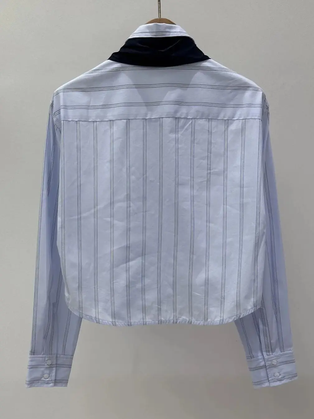 

Women Blue Striped Blouse Top Bow Tie Collar Long Sleeve Single Breasted Casual Female Shirt