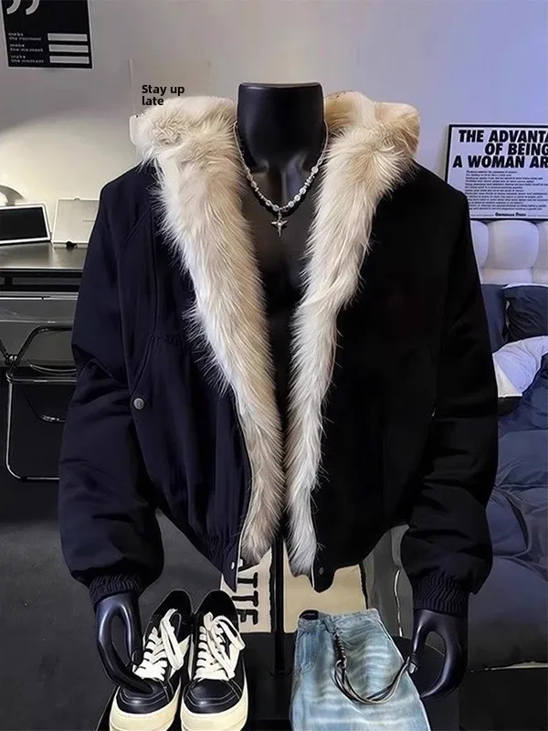 

Large Size 300 Pou Trendy Brand Design Winter Jaet Men's Coat with Fur Collar Couple's Warm Cotton Clothes