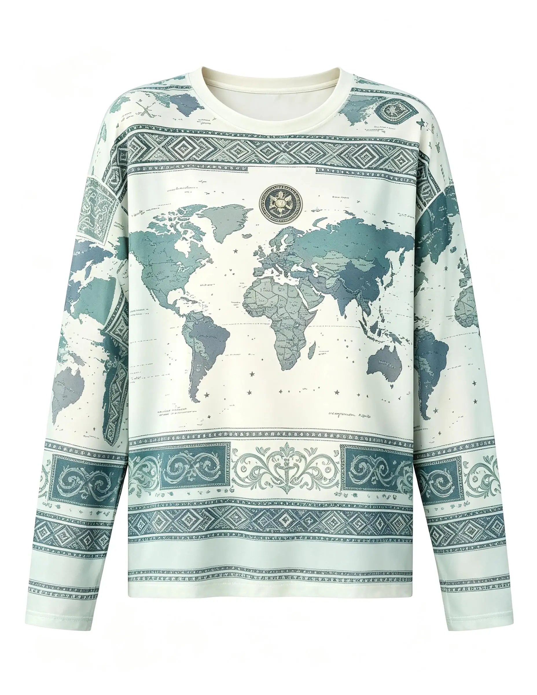 Women Long Sleeve T‑Shirt Vintage World Map Ethnic Geometric Border Ornament Print Crew Neck Casual Tops