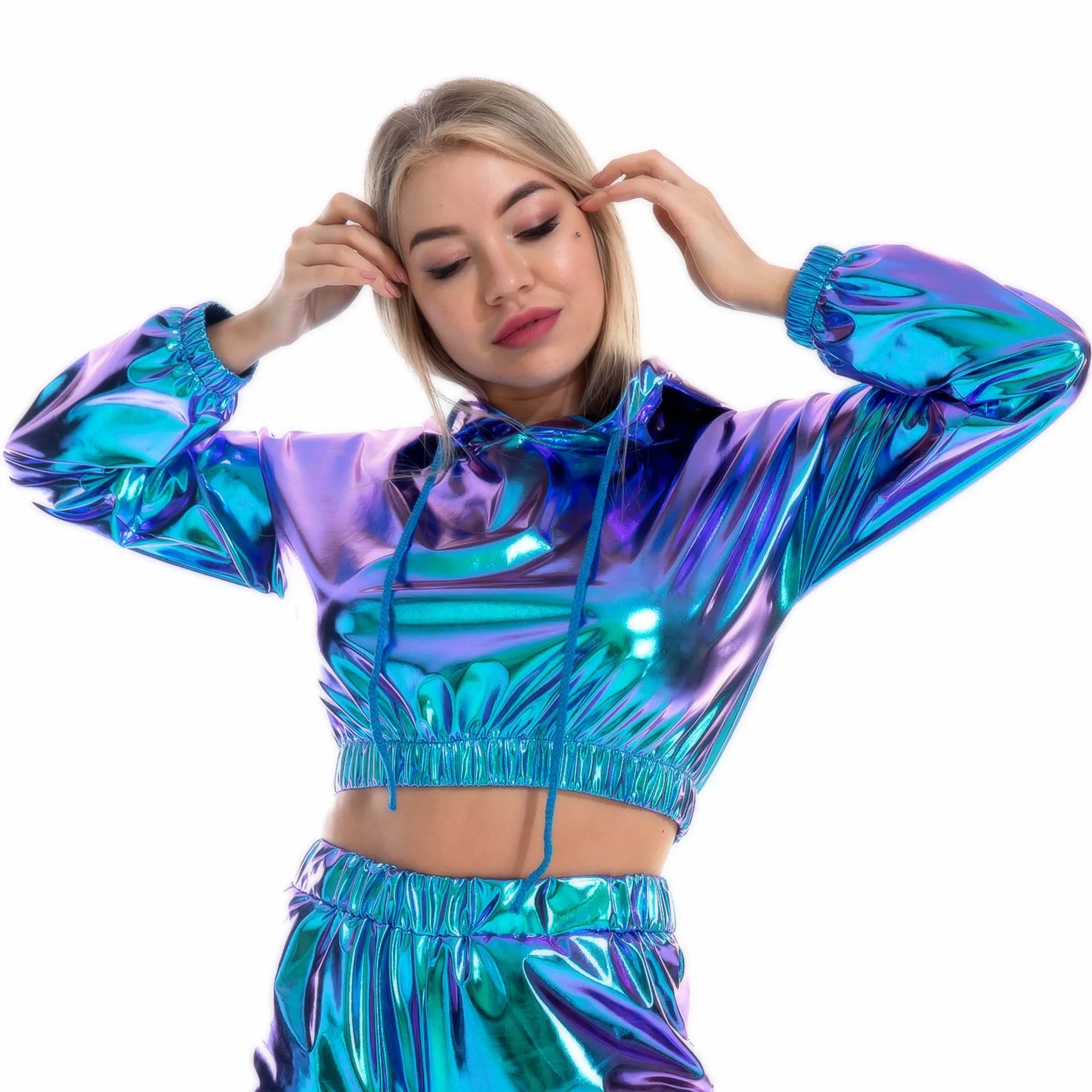 Metallic Glanzende Leren Top Met Sexy Lekkende Navel Met Lange Mouwen Pullover Met Capuchon Korte Hoodie Game Suit Bar Party Performance Pak