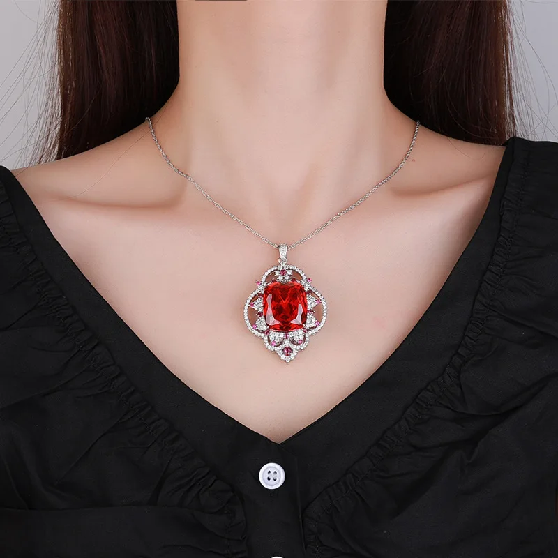 New Gold-Plated Orange Zircon Rectangular 20*23 Pendant Necklace Jewelry