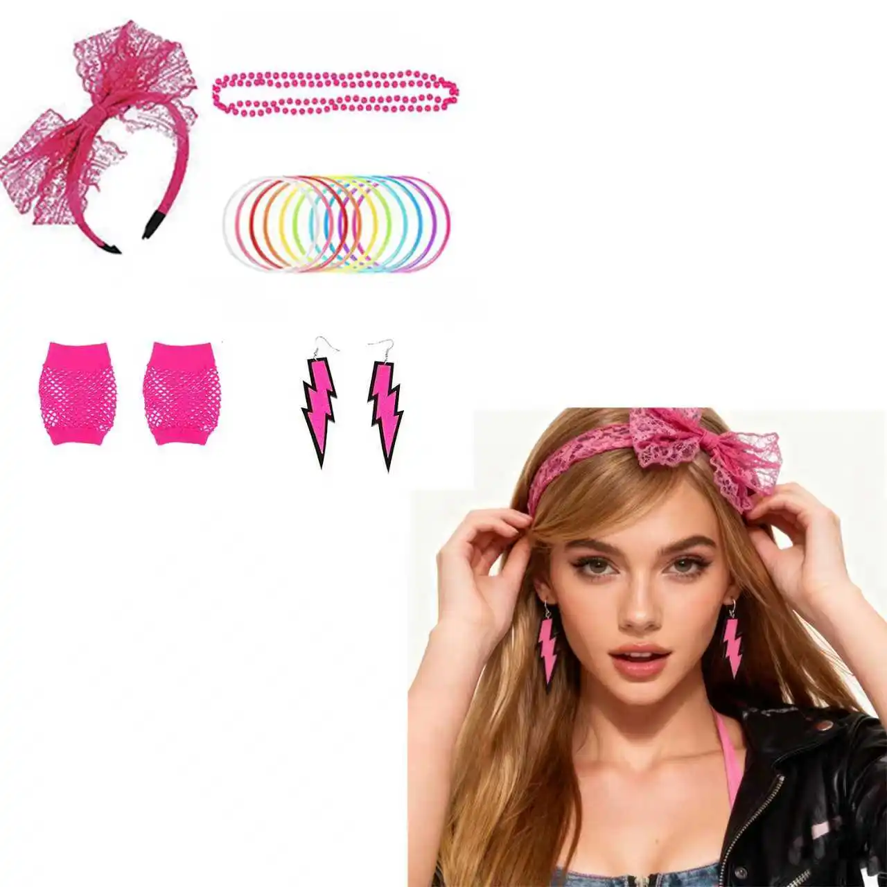 Akcesoria lata 80. Damska koronkowa opaska na głowę Kolczyki Rękawiczki z siatki Naszyjnik Bransoletka na imprezę retro w stylu lat 80. Halloween