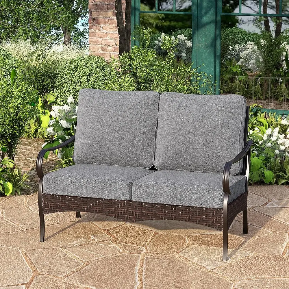 

Wicker & Metal Outdoor 2-Seat Patio Couch,Patio Sofa Loveseat With Deep Seating For Front Porch, Deck, Balcony, Backyard,