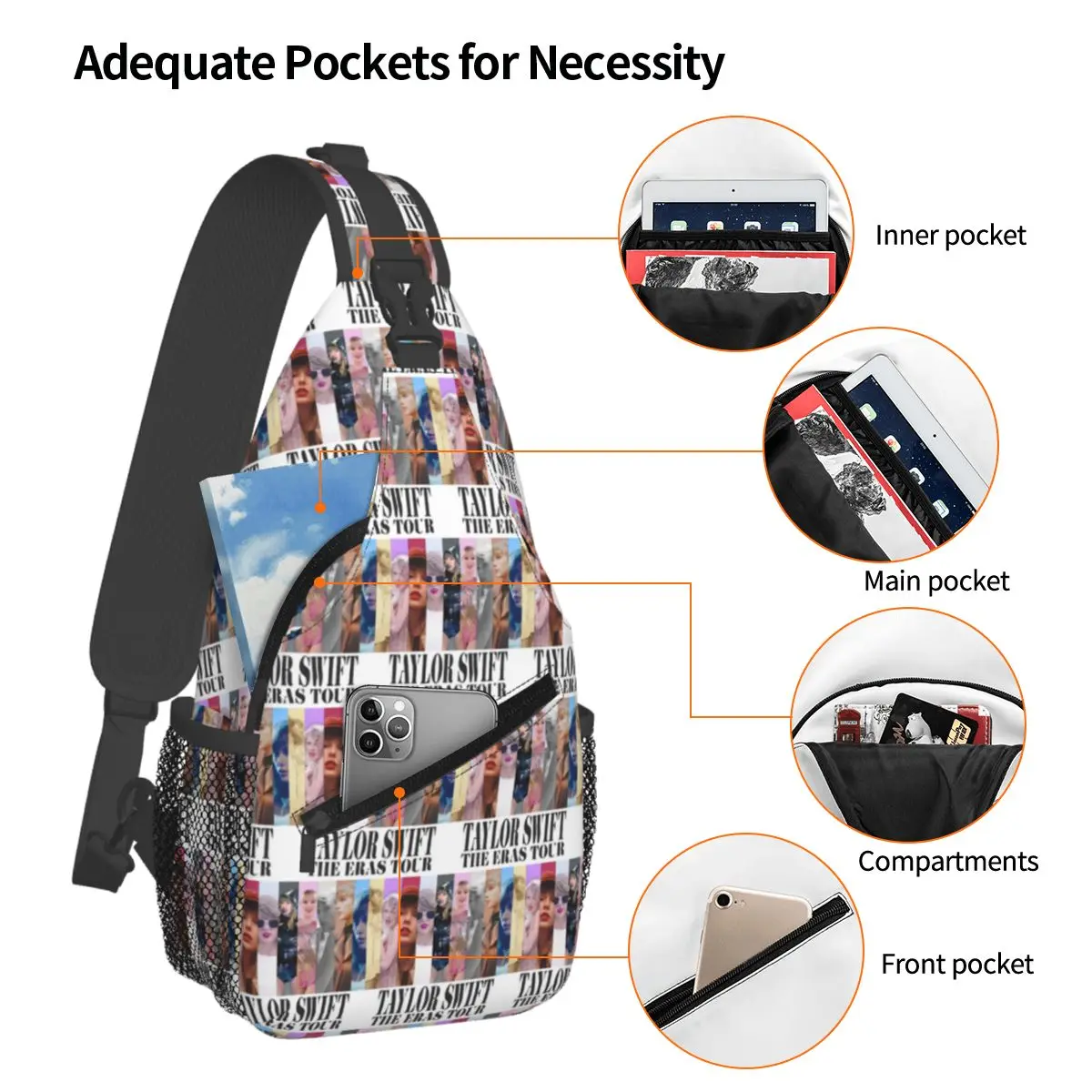 Collage Eras Tour Potrait Taylor Singer Chest Bag Men Sling Crossbody Backpack Chest Bag Travel Hiking Daypack Shoulder Bag