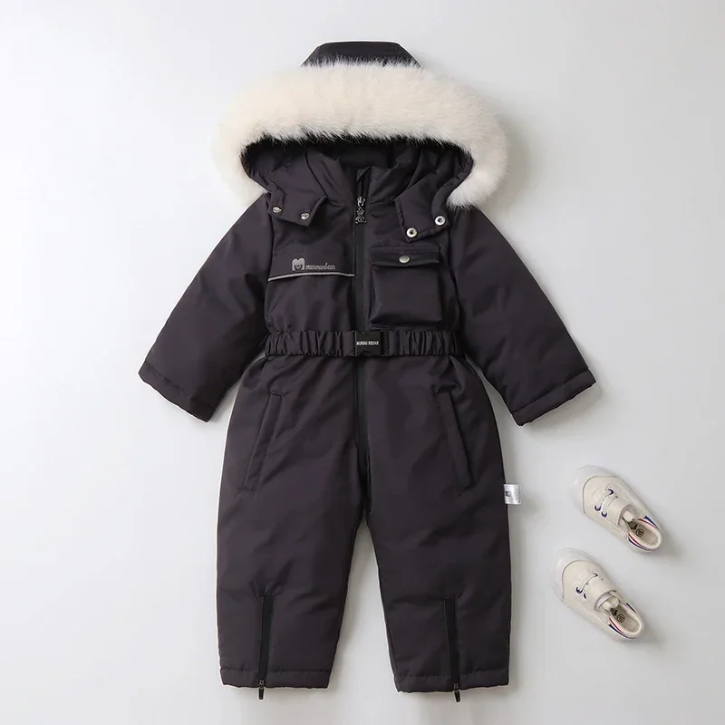 2024 New Girl Windproof Winter Solid One Piece Suits Hooded Zipper Long Sleeve Children Ski Sets Polyester Casual Outdoor Suits