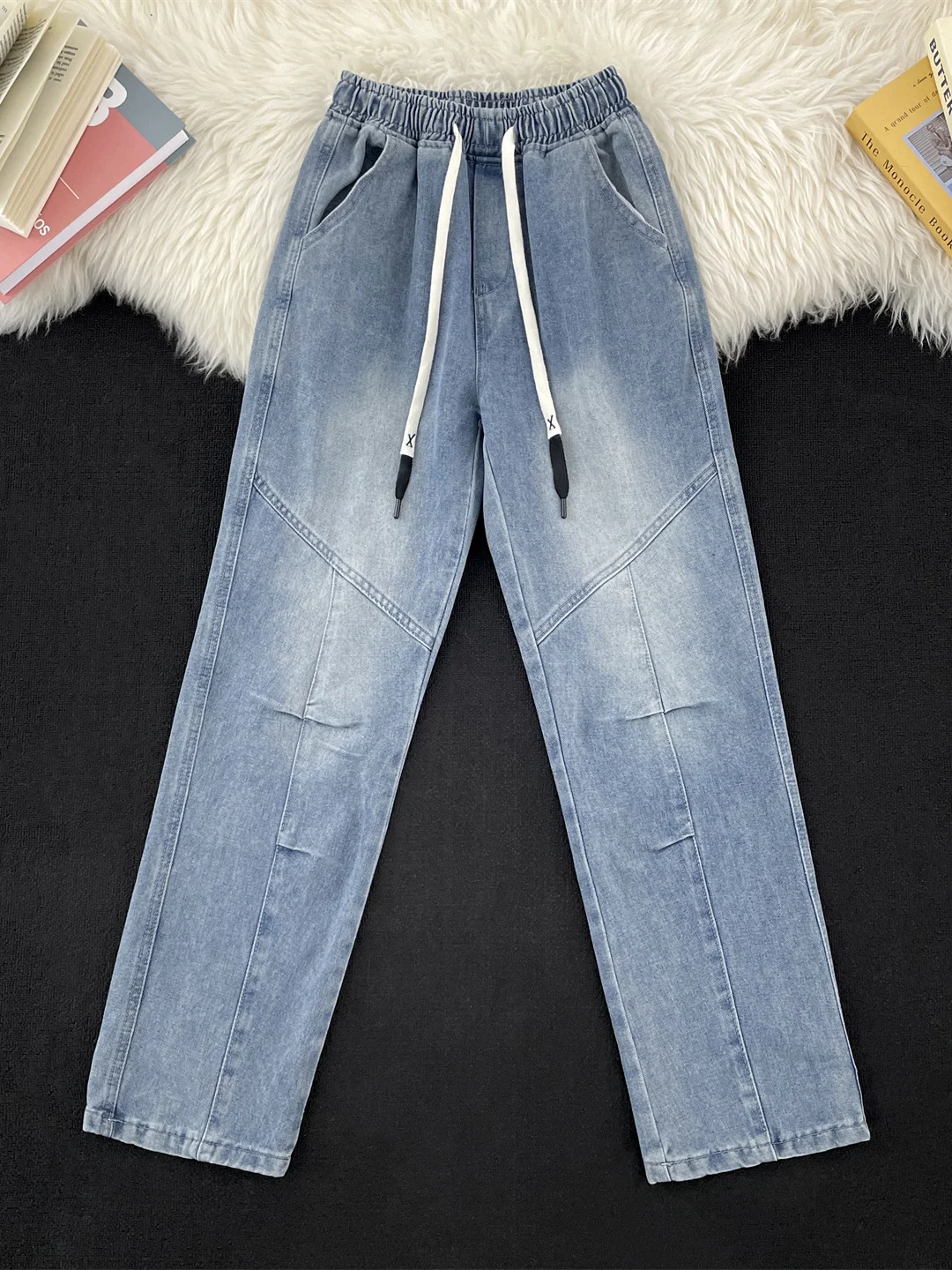 

American Sle Men's Vintage adient Denim Jeans Spring Autumn Loose Casual Straight Leg Pants with Dstring Elastic Waist