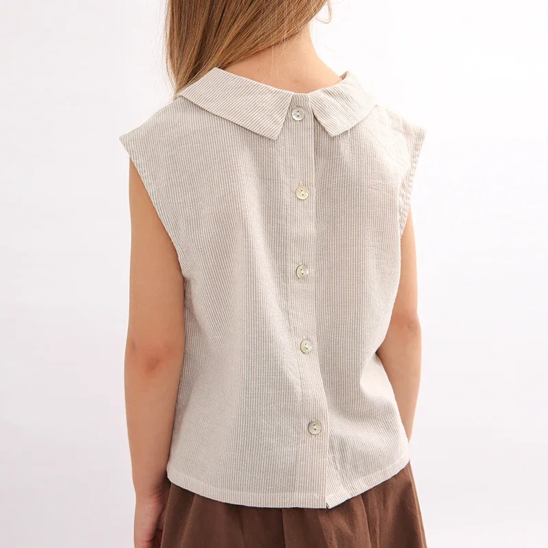 女の子のためのストライプのノースリーブTシャツ,ポケット付きのコットンとリネンのトップス,和風カジュアルウェア,新しい夏のコレクション2024