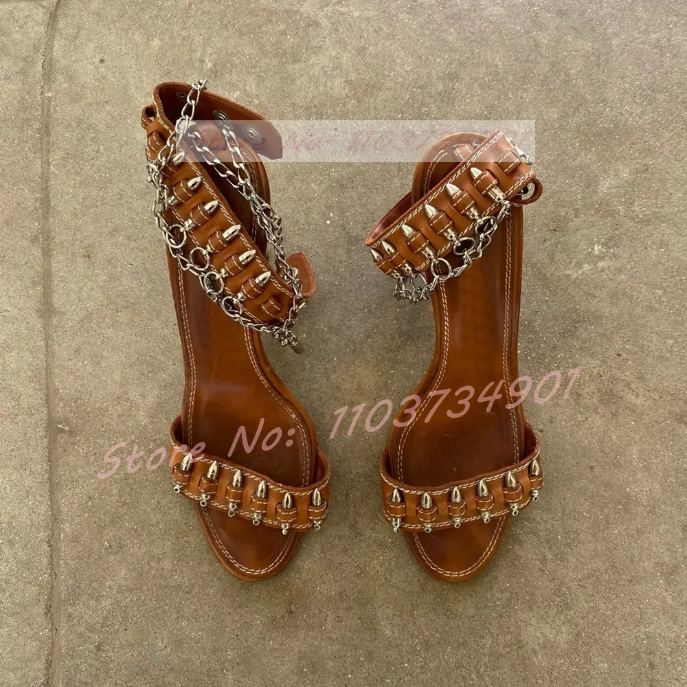 Metal Bullet Cowgirl Sandals Women Fashion Round Toe Ankle Strap High Heels Brown Shoes Ladies Elegant Novelty Open Toe Sandals
