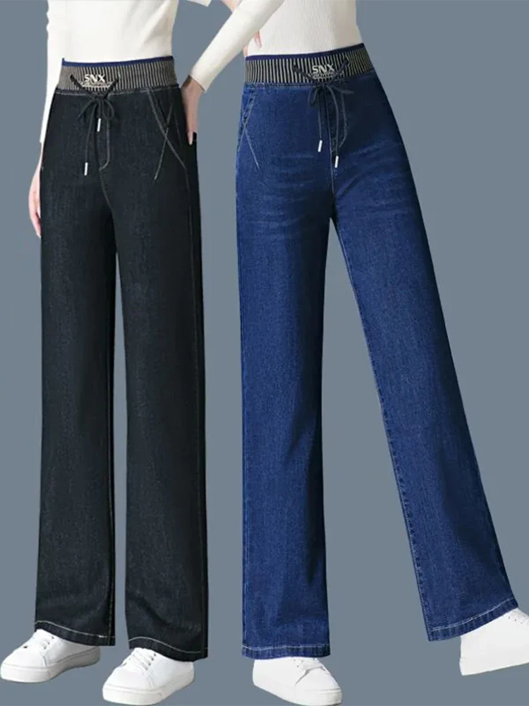 Elastic High Waist Baggy Straight Jeans Winter Warm Thicken Velvet Lined Wide Leg Denim Pants Women Casual Vintage Vaqueros New