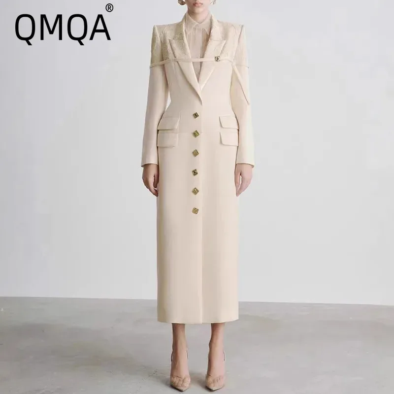 QMQA Fashion Women's Elegant Suit Trench Coat Texture Spliced Lapel Long Sleeve Single Breasted Windbreaker 2025 Female New A921