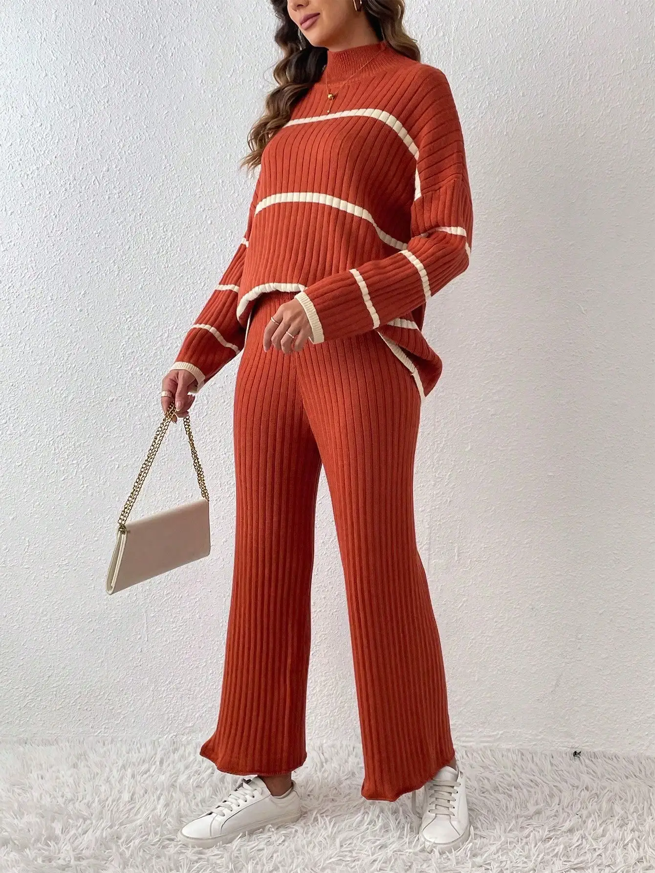 Vintage Striped Sweater Set Women Knitted Two Piece Pants Set Elgant Ladies Outwear 2024