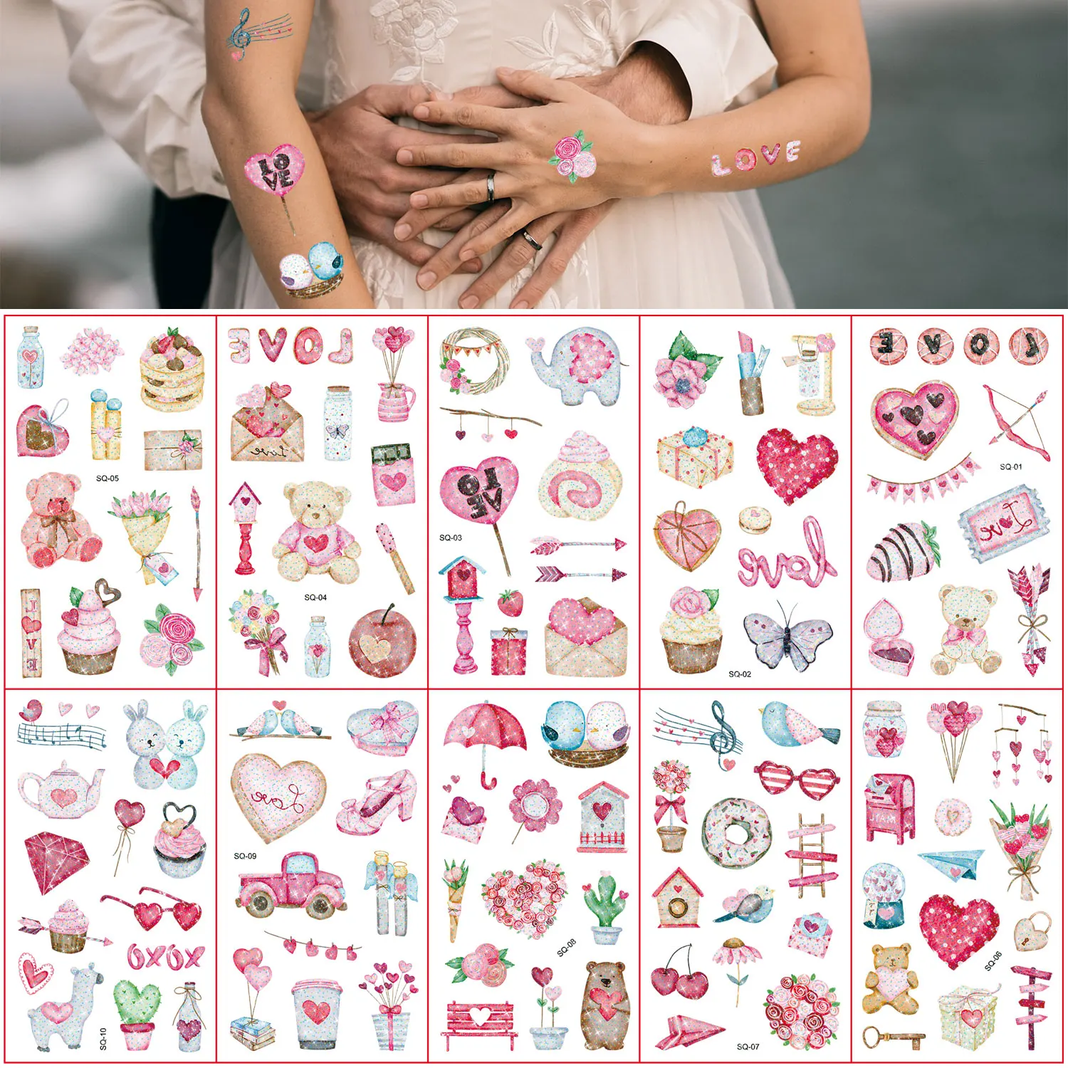 10 Sheets Glitter Valentine Day Tattoo Stickers Love Heart Flowers Pattern Temporary Tattoo Stickers For Couples