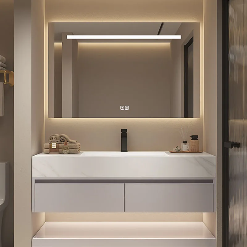 

Luxury Floating Vanity Bathroom Slate Integrated Basin Wall Mounted Bathroom Storage Cabinet Dressers Gabinete Trendy Furniture
