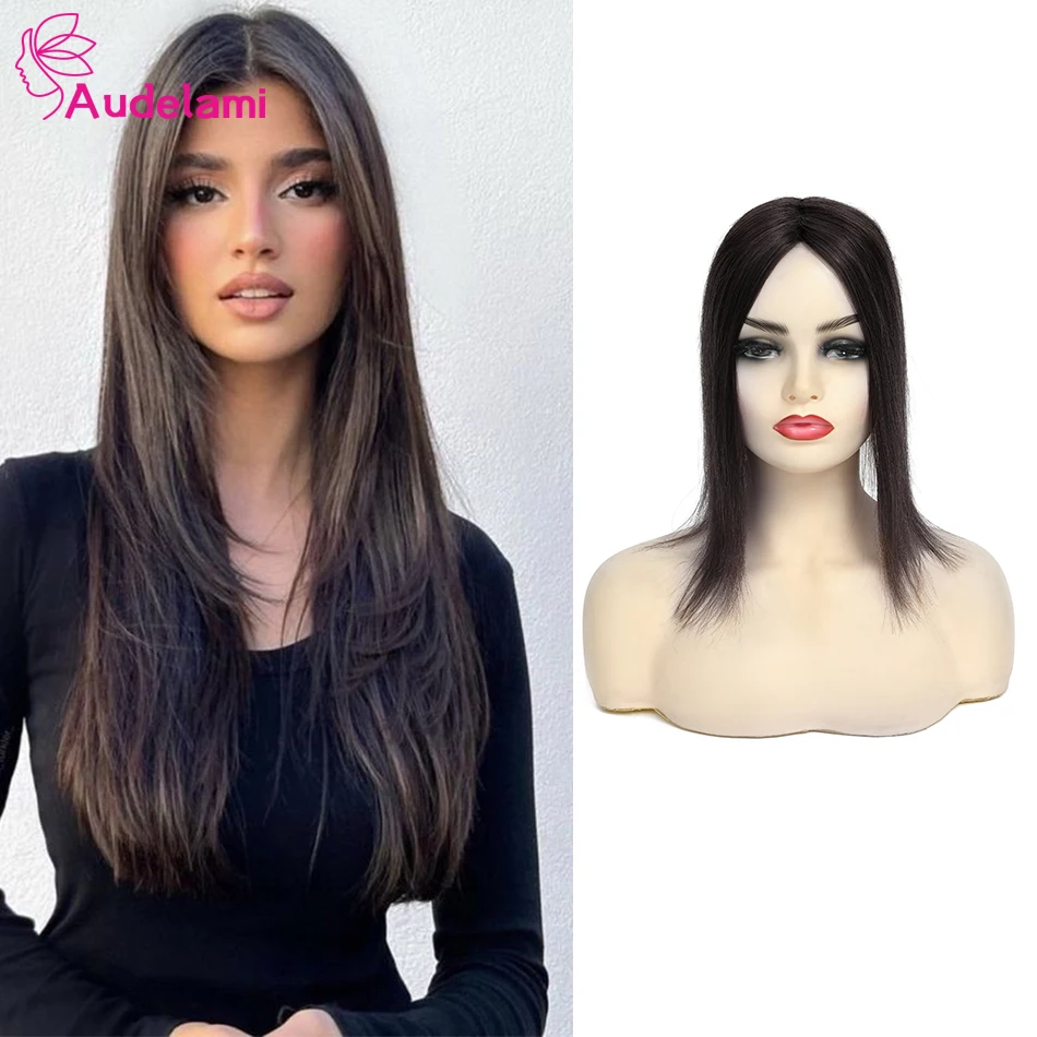 Audelami  7×10 Skin Base Human Hair Topper Extension Straight Clip in Hairpiece Remy Hair Beautiful 100% Human Hair For Women