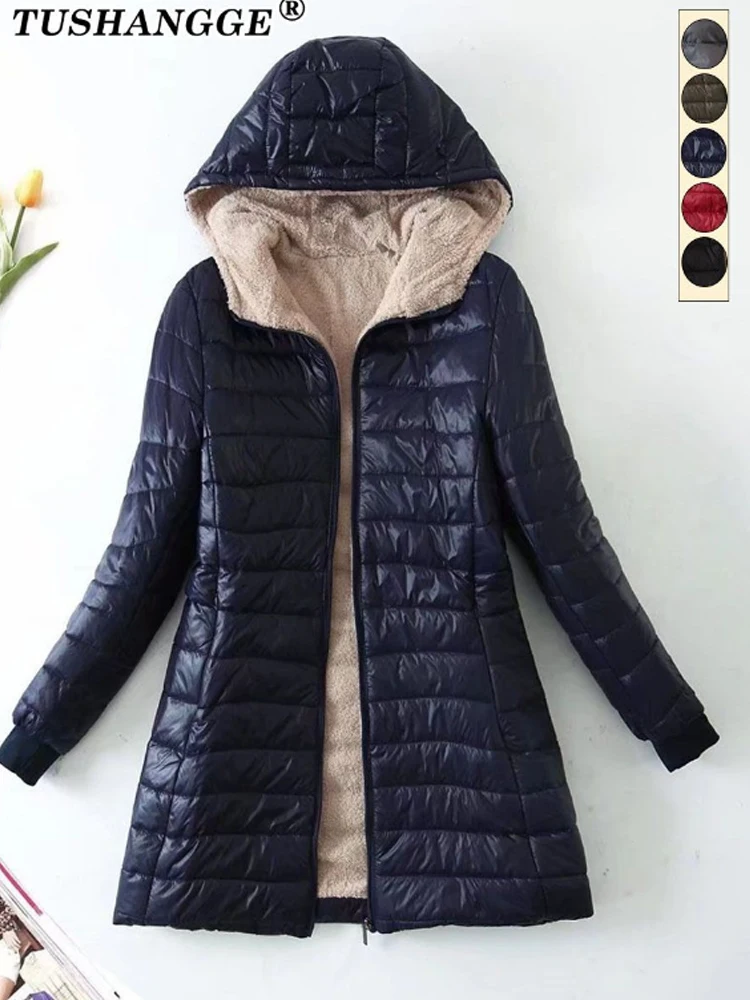 New Mid Length Korean Edition Hooded Fit Women Jackets Autumn Winter Mid-length Office Cotton Coats Warm Lamb Fleece Parkas