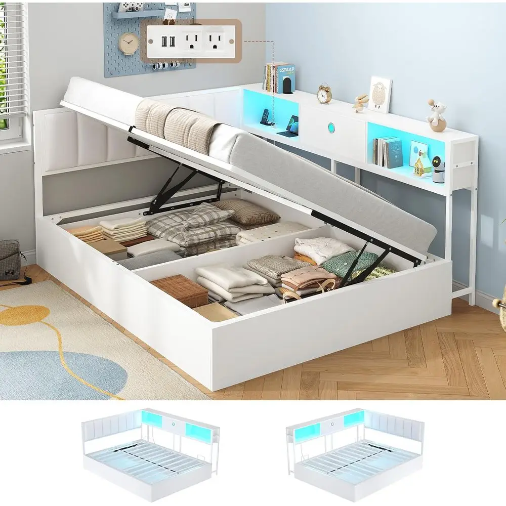 

Кровать-хранилище с подсветкой, зарядной станцией и LED-подсветкой, диван-кровать с мягким изголовьем и книжным шкафом, гидравлическая или детская кровать