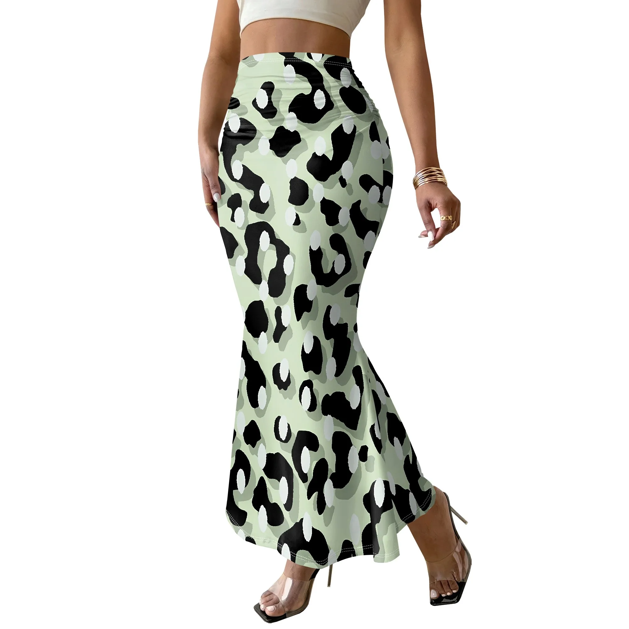 Green Leopard Mermaid Skirt, Animal Print Maxi Skirt, Ruched Waist Long Skirt, Party Clubwear for Women, S-2XL