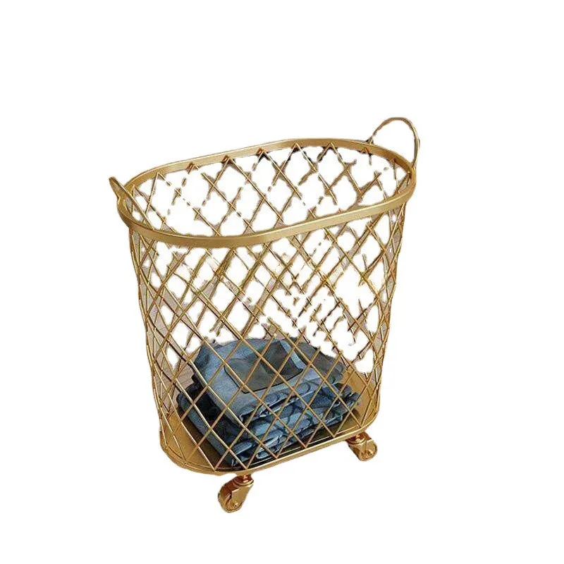 North Metal Gold Color Dirty Clothes Storage Basket, Handle Wheel Laundry Basket, Home Creative Organizer with Wheel, Dirty Clot