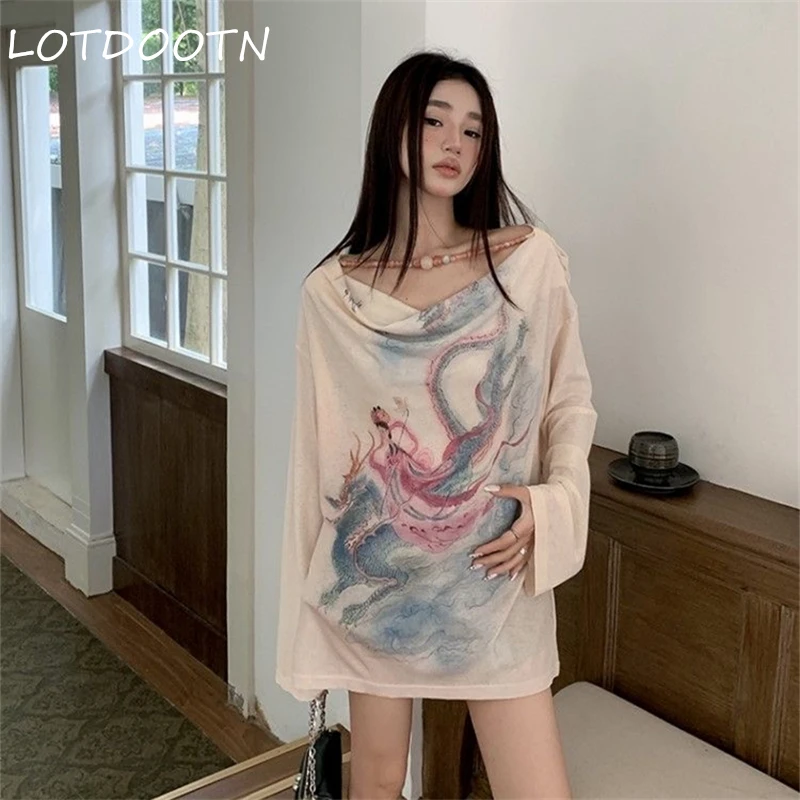 

LOTDOOTN High Street Printing Loose T Shirts Spring Summer New Long Sleeve Thin All-match Fashion Tops Street Casual Trend Women