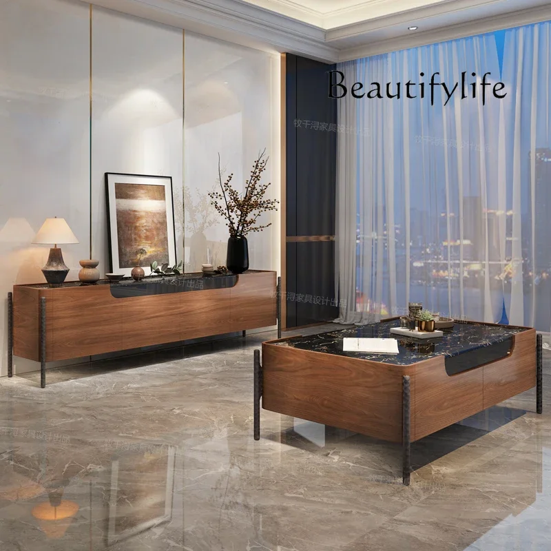 

combination villa living room design marble surface coffee table French retro solid wood coffee table TV cabinet