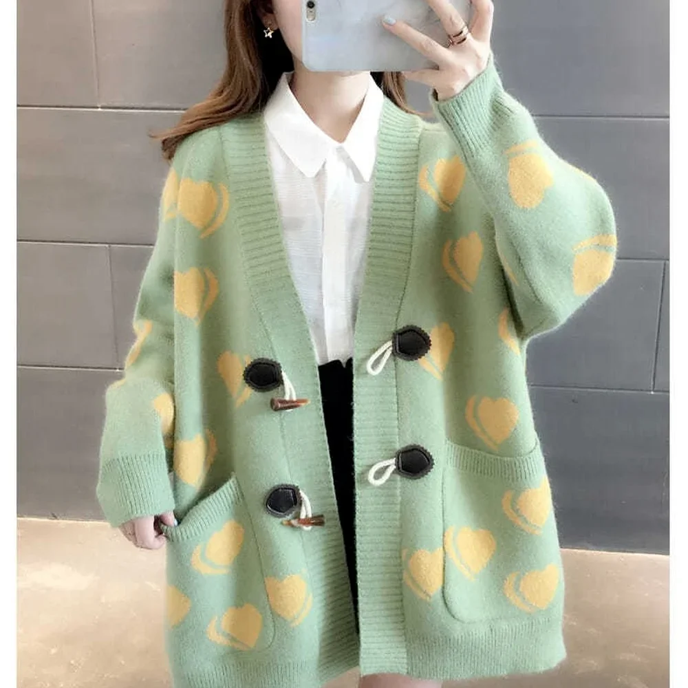 

Autumn Women's Loose Mid-length Knitted Cardigan, Love Pattern Sweater, V-neck Button Green Cardigan Sweater Yellow Cardigan