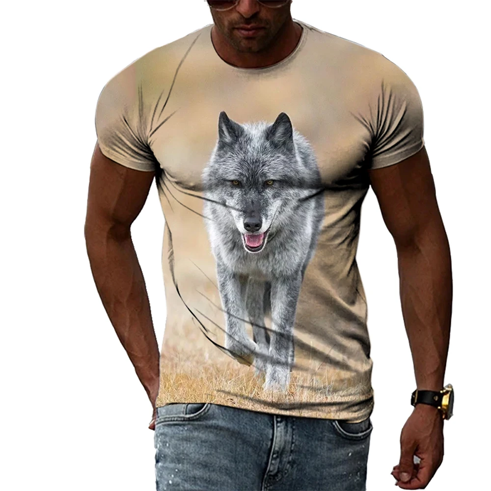 Summer Men\'s Fashion Personality T-shirt 3D Printing Ferocious Wolf Animal World Trend Street Style Round Neck Short-sleeved Top