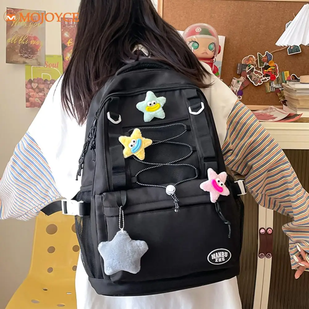 Korean Nylon Students School Bags with Pendant Multi-Pocket College Backpacks Teenager Large Capacity Bookbags Aesthetic Daypack