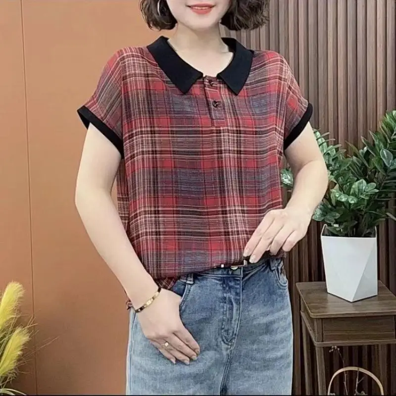 

Женская футболка с коротким рукавом, летний пуловер с отложным воротником, клетчатая рубашка-поло, повседневные свободные топы
