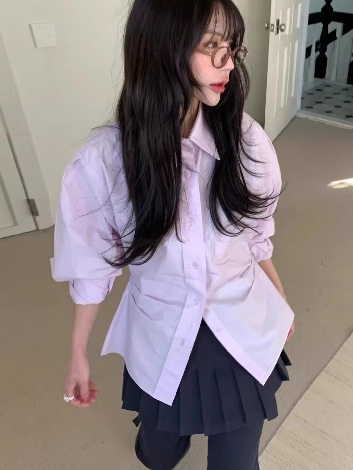 

Gentle Wind Pleated Waist Long Sve irt Women's Spring New Sle Collar Flip Single Button Top Polyester Fiber Commute Sle