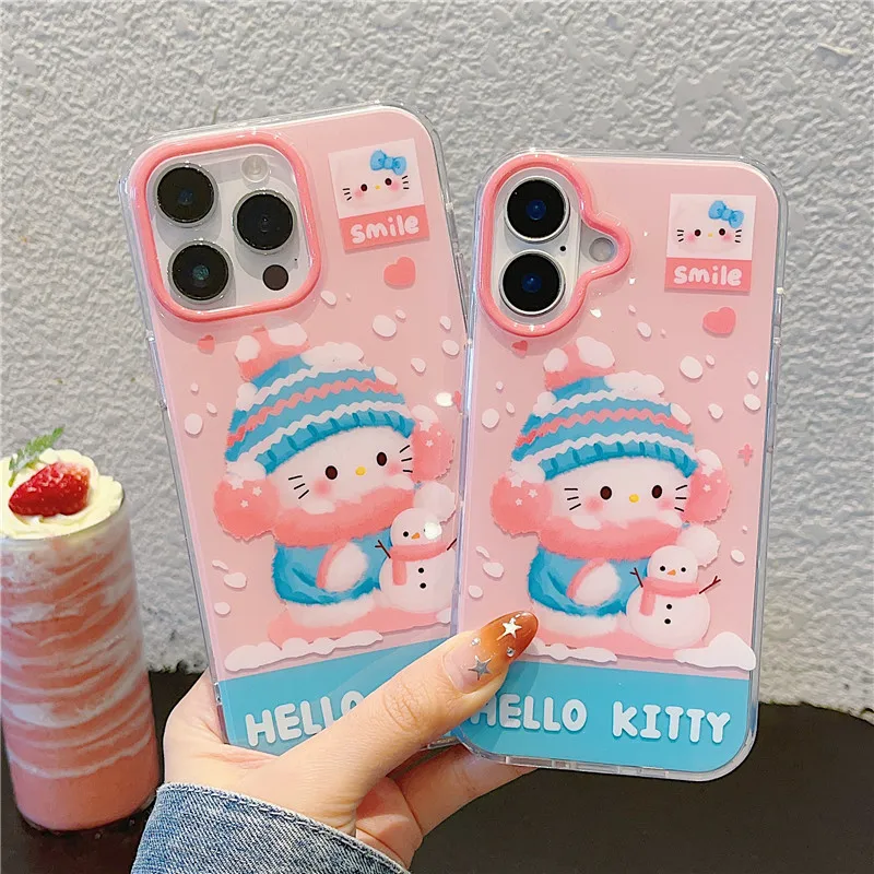 Hello Kitty Winter snowman Phone Cover for iPhone 13 14 15 16 Pro Max Cute scarf Knitted hat Case for iphone14pro,15pro,16pro