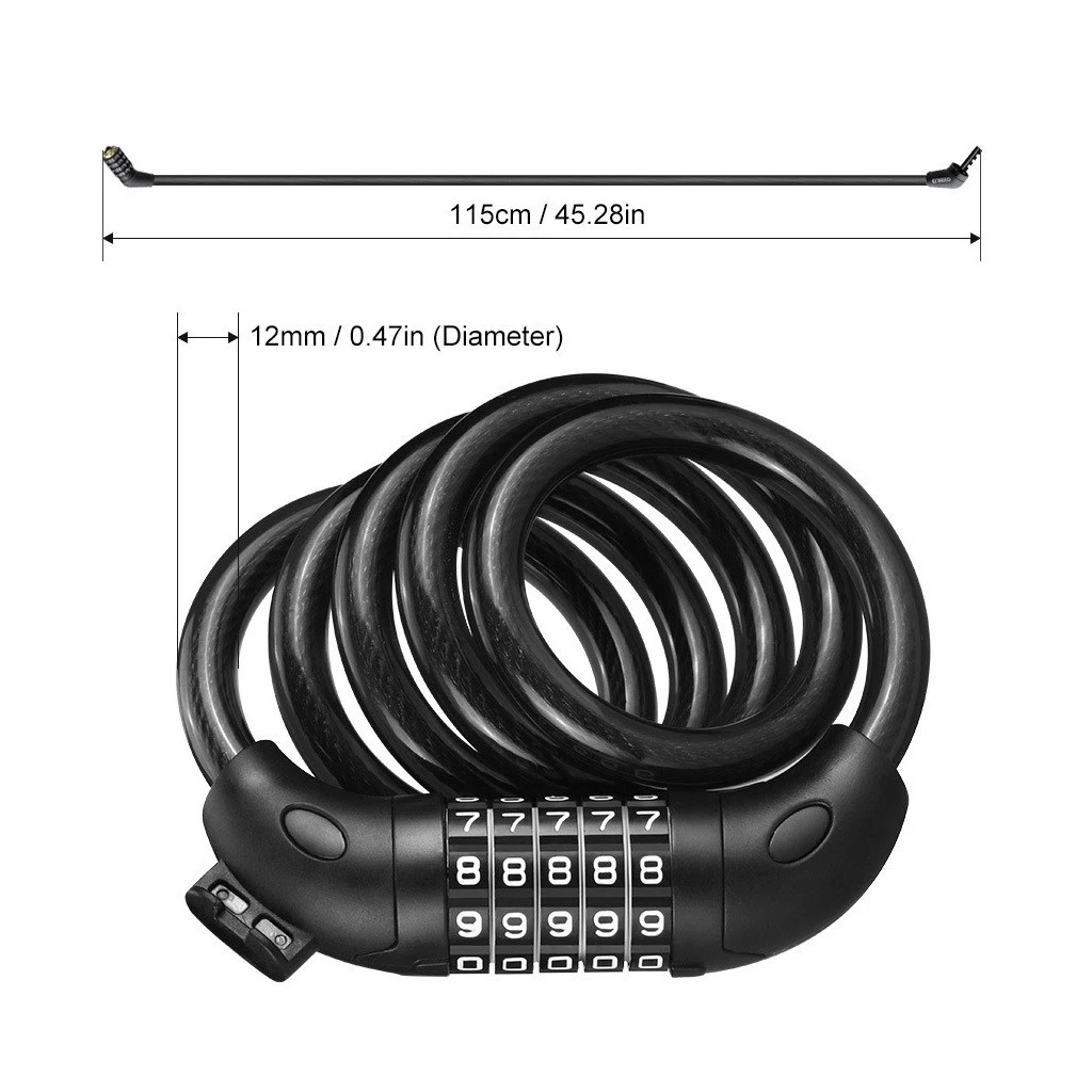 115cm Coiled Bike Cable Lock Anti-Theft 5-Digit Resettable Combination Bicycle Lock with Mounting Bracket for MTB Scooter