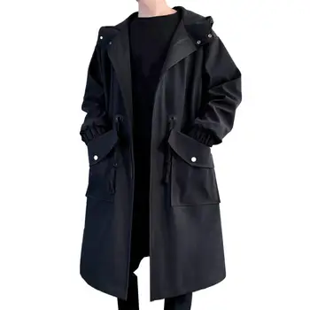Men's Hooded Japanese Streetwear Trench Coat 5 Long Trench Coat Jacket Men Autumn Spring Black Hip Hop Japanese Coats Streetwear Male Hooded Green Khaki Casual Jackets 5