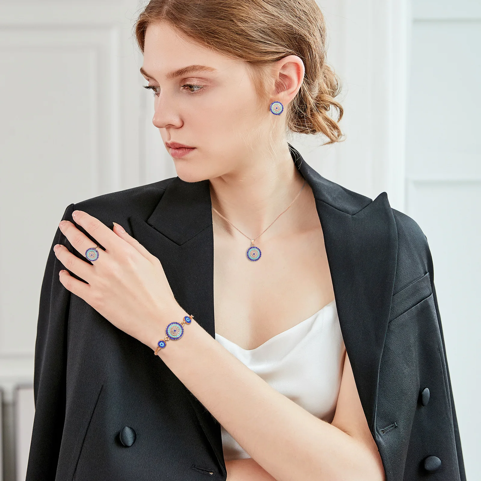 

Turkish Blue Eye Jewelry Set Alloy Durable Beautiful Color Lady Necklace Bracelet Earrings Kit Female Hand Chain