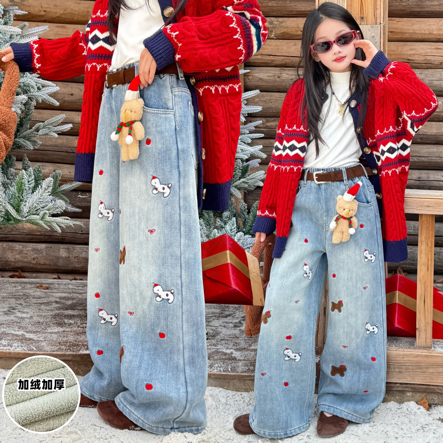 

Christmas Girls' Jeans Kid Jeans Cartoon Embroidery Pants Girl Warm Clothes for Tween Kids Pants Children Insulated Casual Jeans