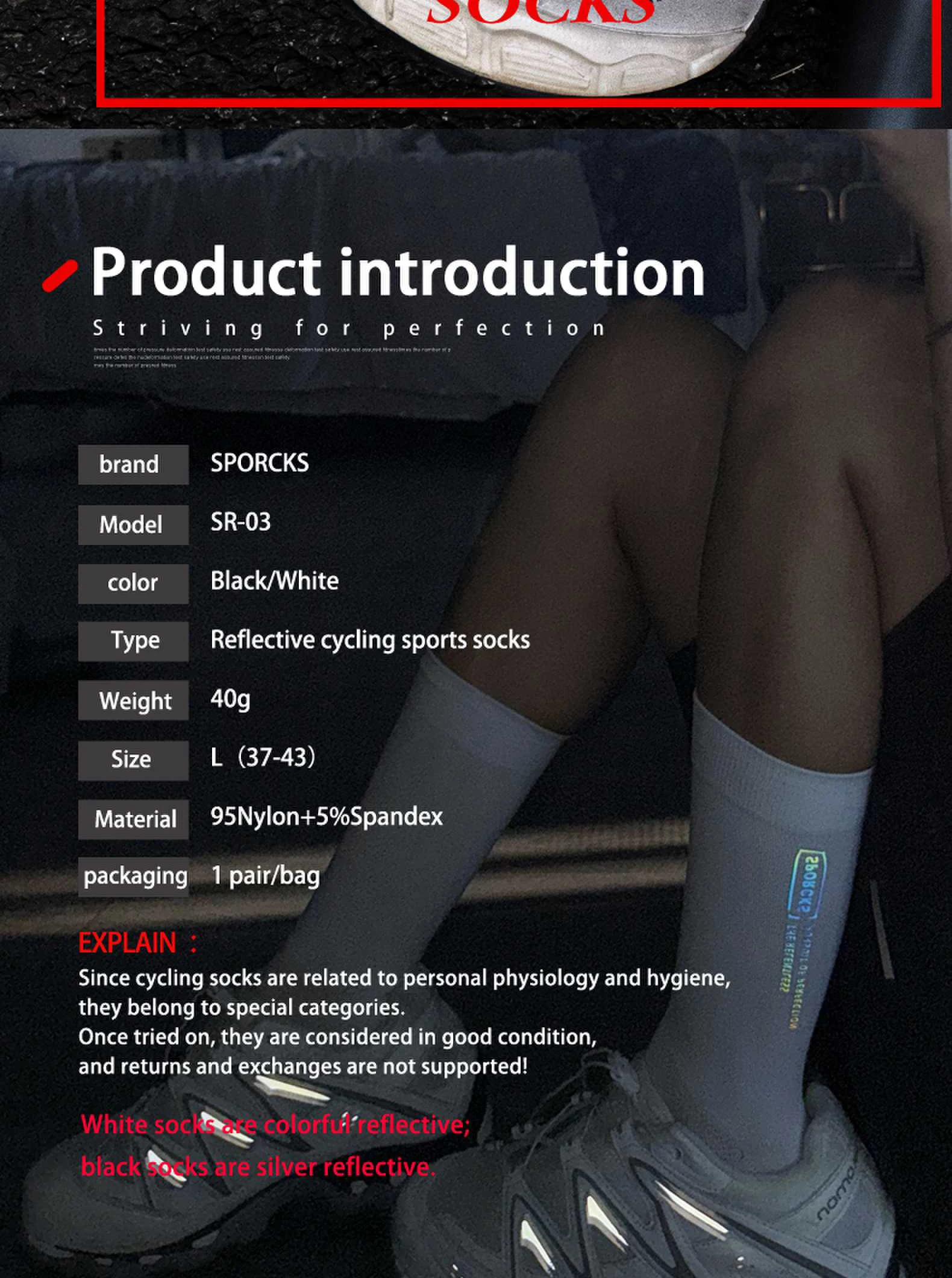 Sporcks Bunte, hochreflektierende Radsocken, Fahrradsocken für Rennrad, Mountainbike, Sportsocken, atmungsaktiv, verschleißfest, bequeme mittelhohe Socken, Sr-03 – Detail 2