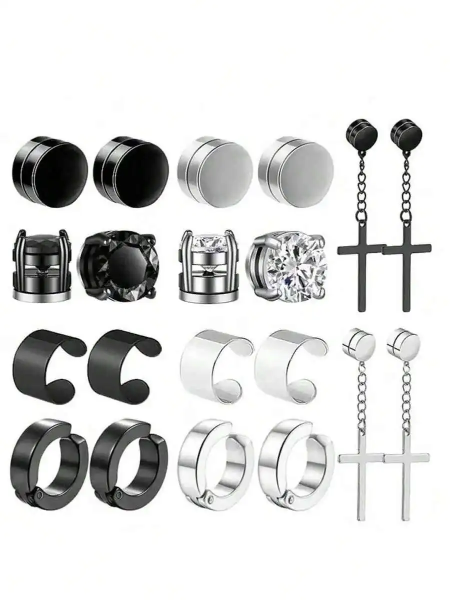 

27-Piece Men’s Stainless Steel Earring Assortment: Magnetic Studs, Cross Dangles, Hoops, Cuffs, And Crystal Accents