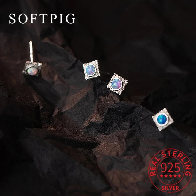 

SOFTPIG Authentic 925 Sterling Silver Round Opal Square Stud Earrings For Women Classic Minimalist Fine Jewelry Accessories