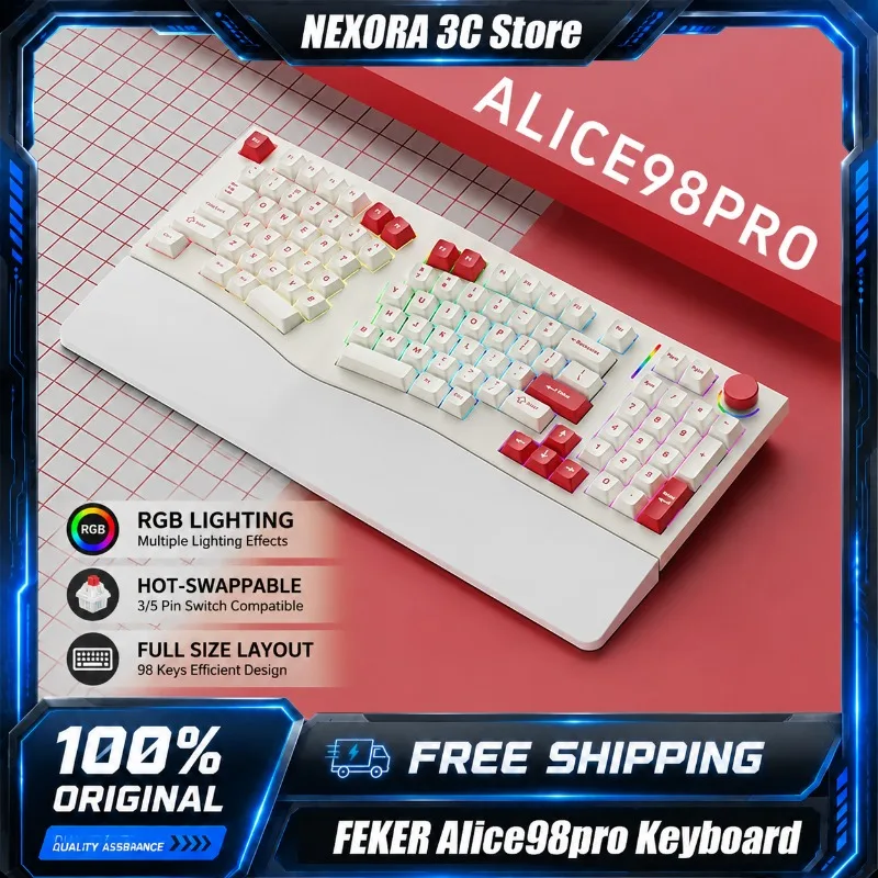 

FEKER Alice98 Pro Ergonomic Mechanical Keyboard 98-Key Alice Layout 3° Sloped Hot-Swappable RGB Backlit Wireless 3-mode Keyboard