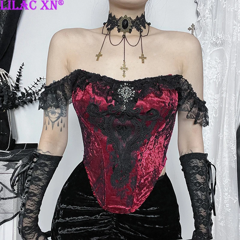 Goth Sexy Lace Trim Off Shoulder Corset Tank Tops for Women Y2K Vintage Aesthetic Black Red Velvet Backless Crop Tops Camisole